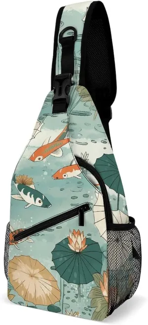 Sling Backpack Crossbody for Man Woman Fish Pond Pattern Cross Body Adjustable Chest Bag