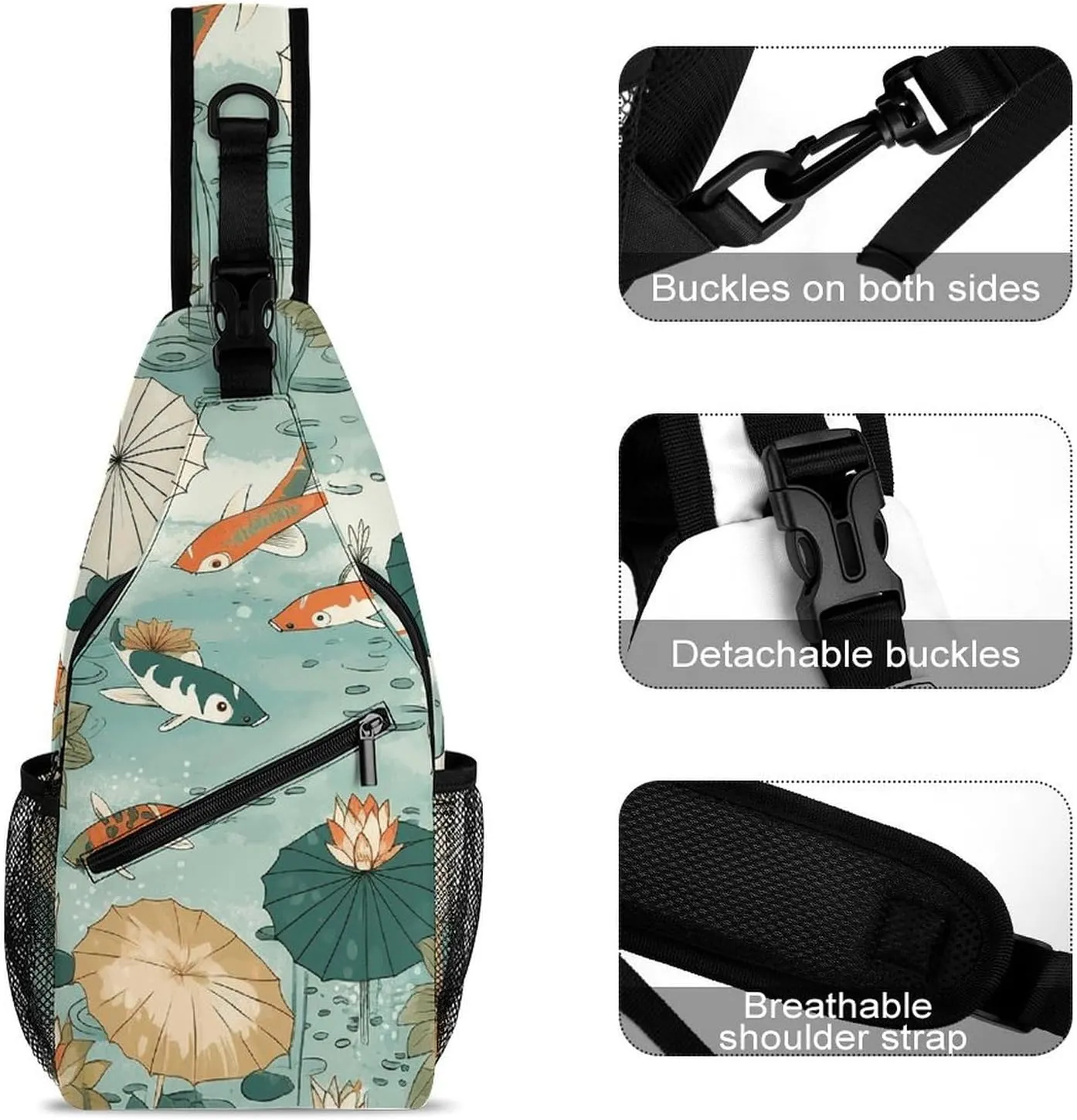 Sling Backpack Crossbody for Man Woman Fish Pond Pattern Cross Body Adjustable Chest Bag