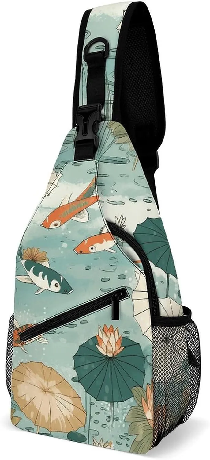 Sling Backpack Crossbody for Man Woman Fish Pond Pattern Cross Body Adjustable Chest Bag