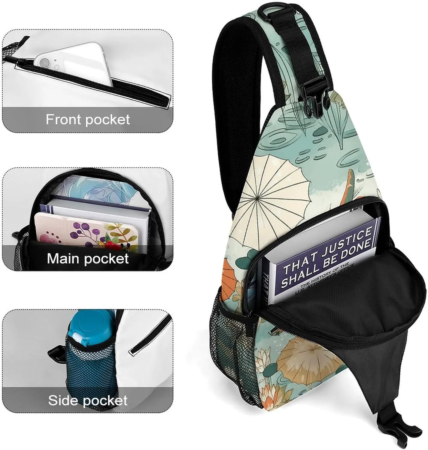 Sling Backpack Crossbody for Man Woman Fish Pond Pattern Cross Body Adjustable Chest Bag