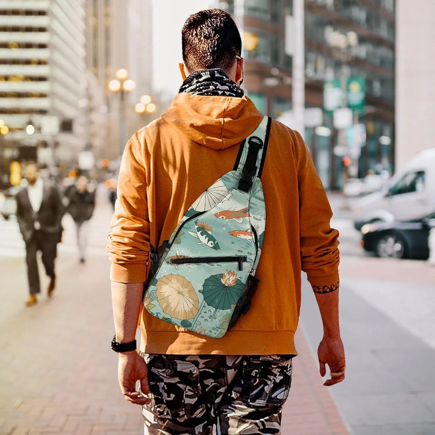 Sling Backpack Crossbody for Man Woman Fish Pond Pattern Cross Body Adjustable Chest Bag