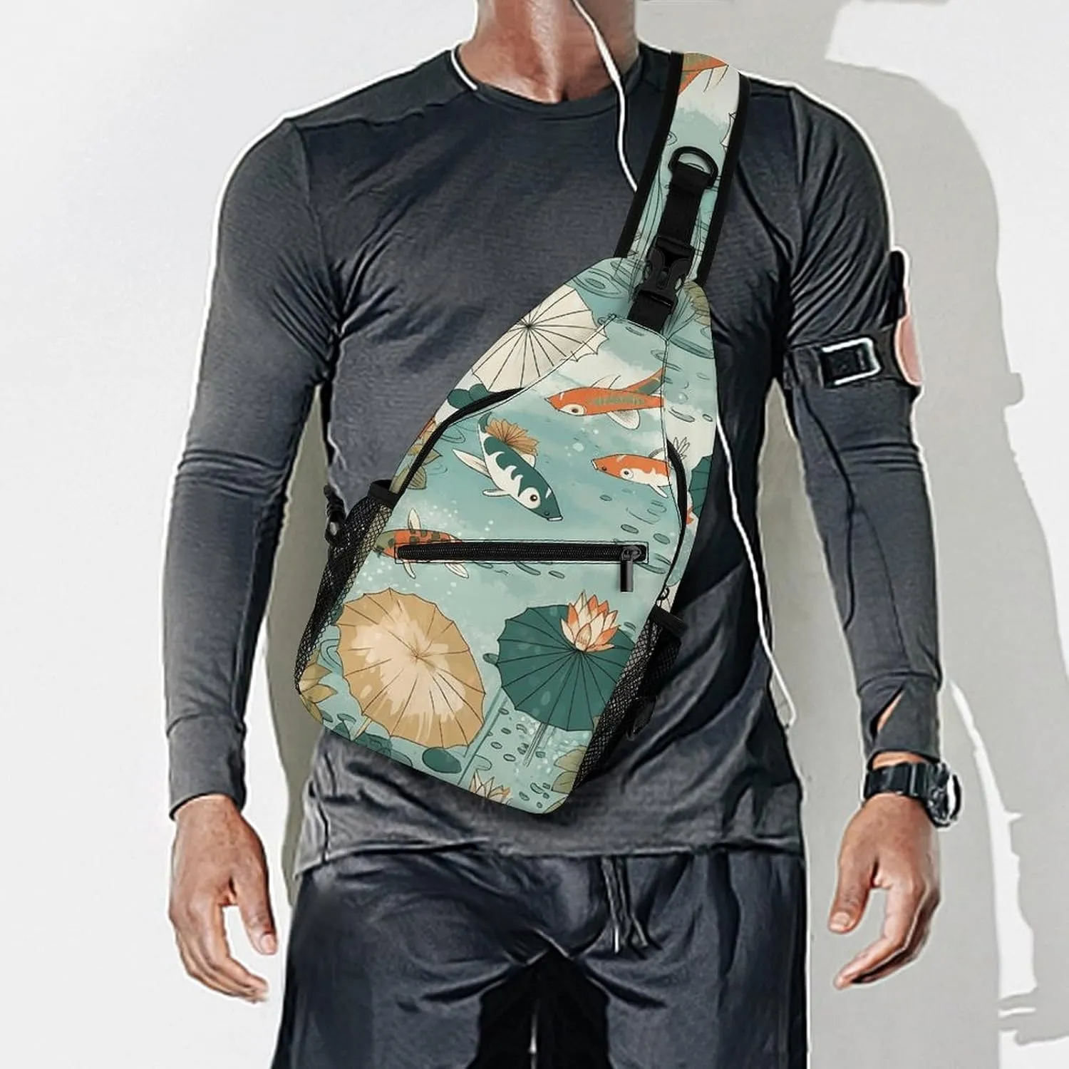Sling Backpack Crossbody for Man Woman Fish Pond Pattern Cross Body Adjustable Chest Bag