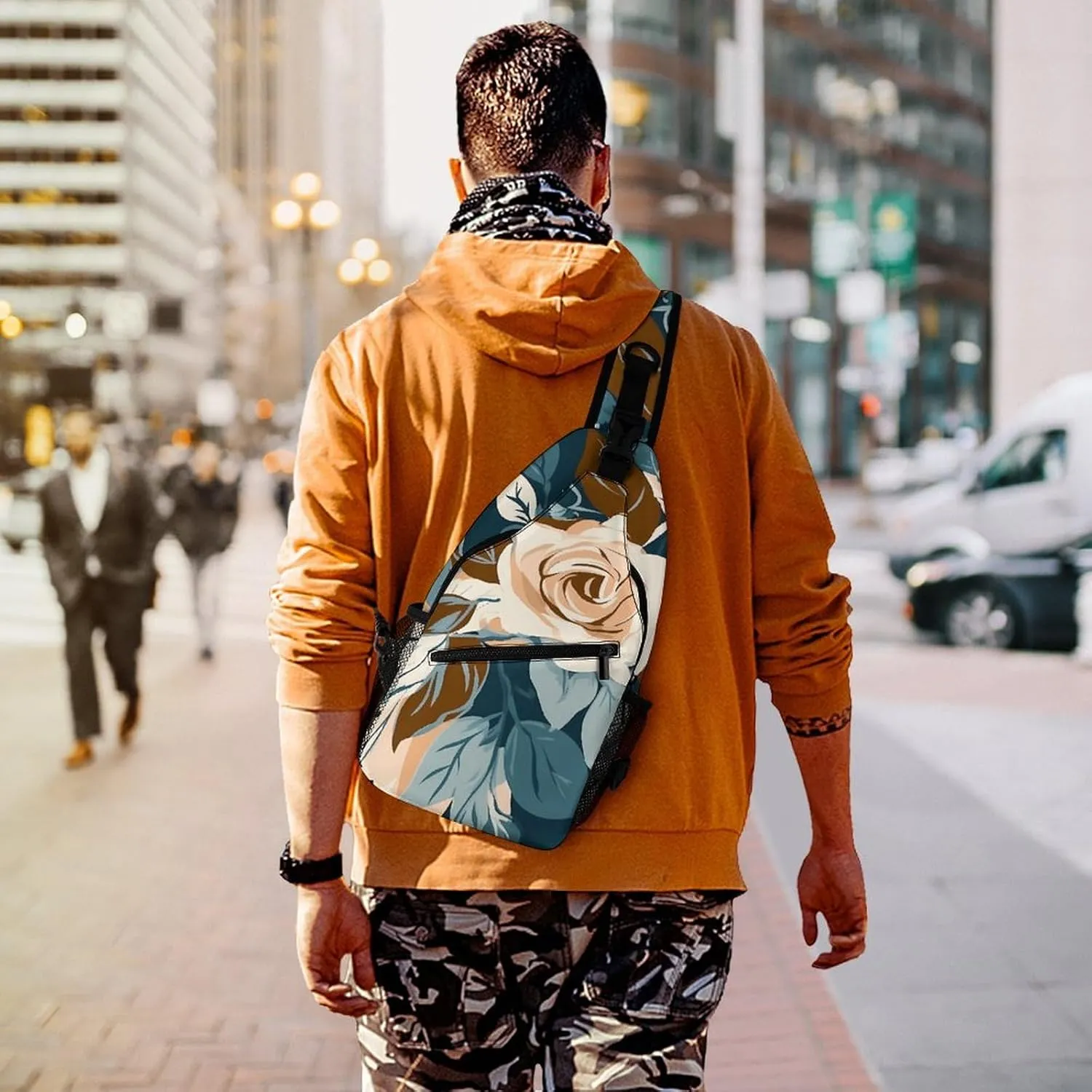Sling Backpack Crossbody for Man Woman Flower Pattern Cross Body Adjustable Chest Bag