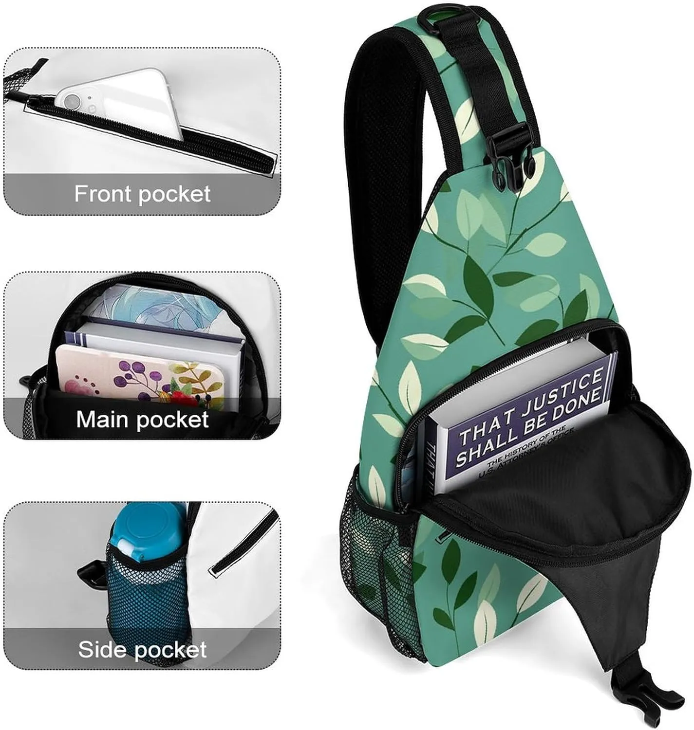 Sling Backpack Crossbody for Man Woman Green Leaves Pictures Cross Body Adjustable Chest Bag