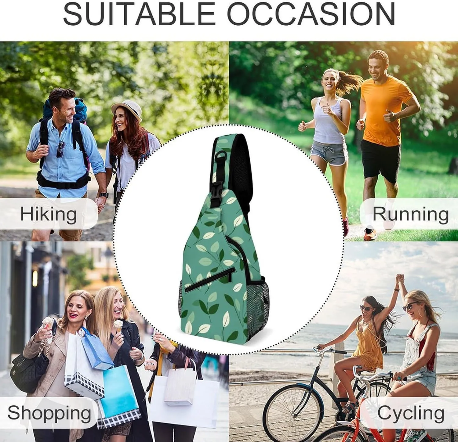 Sling Backpack Crossbody for Man Woman Green Leaves Pictures Cross Body Adjustable Chest Bag