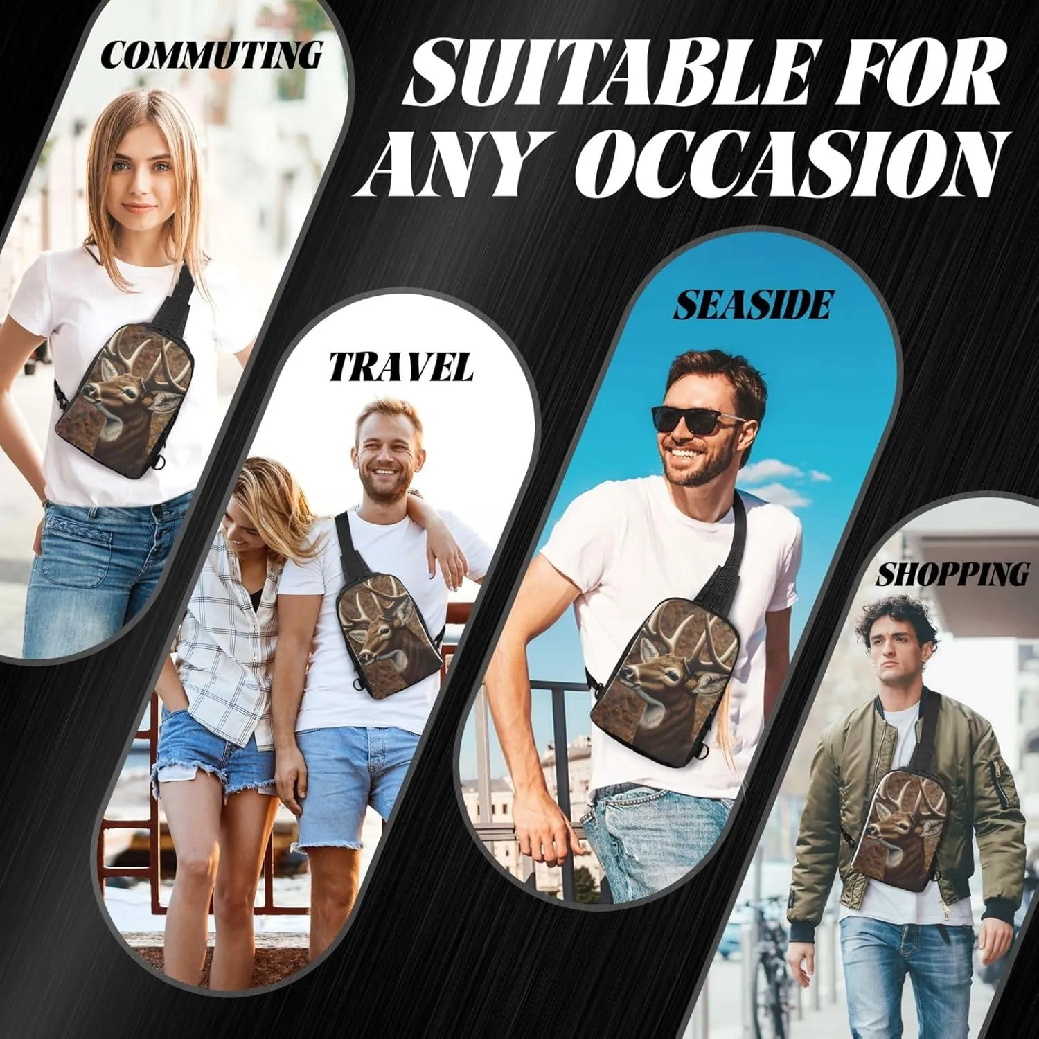 Sling Backpack Crossbody Sling Bag for Men Women Cross Chest Bag Deer on brown background Shoulder Bag Travel Hiking Daypack