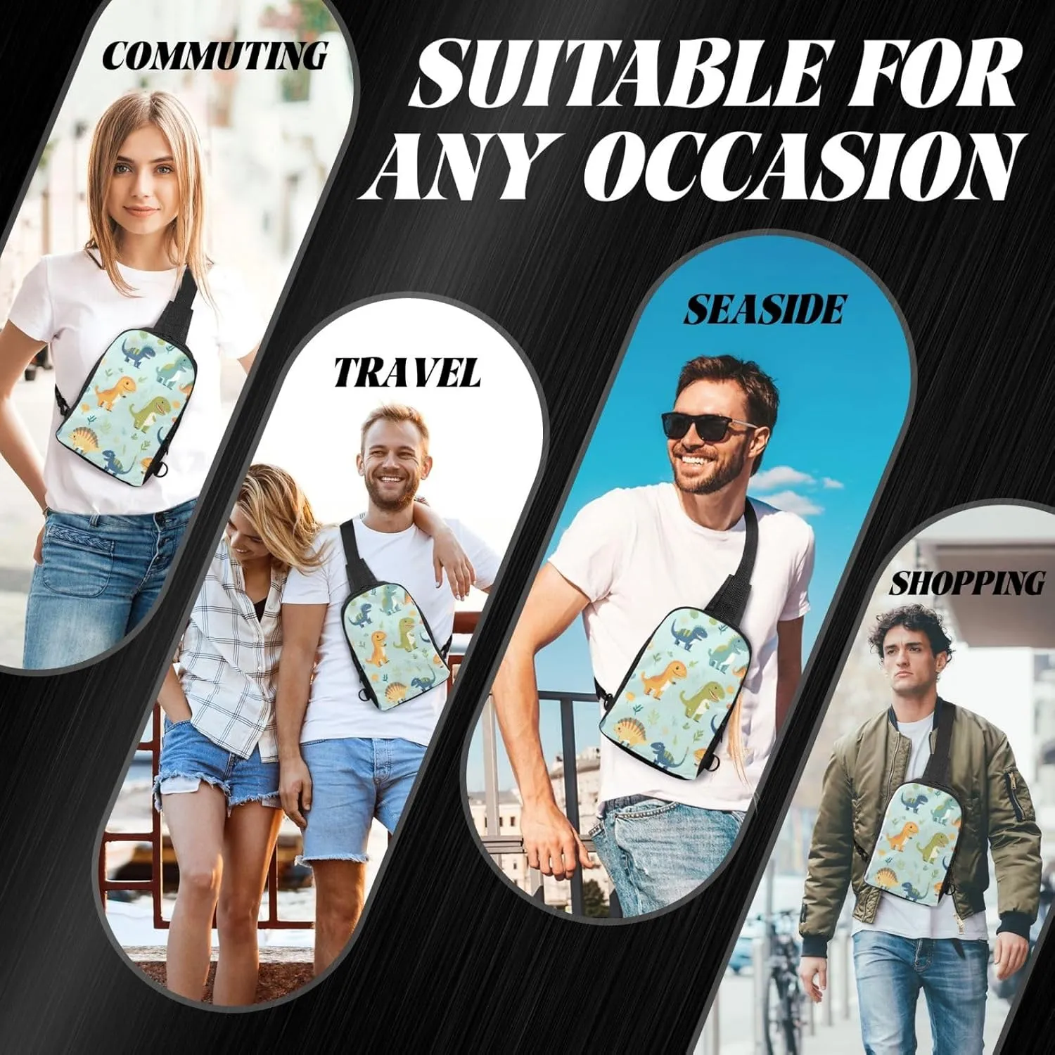 Sling Backpack Crossbody Sling Bag for Men Women Cross Chest Bag Dinosaur Print Shoulder Bag Travel Hiking Daypack