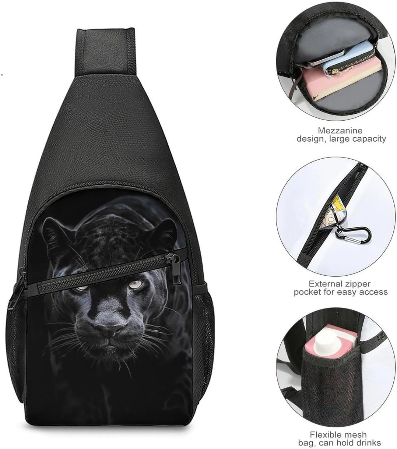 Sling Backpack for Women Men Crossbody Chest Bag Travel Animal Panther Daypack Shoulder Bag for Hiking