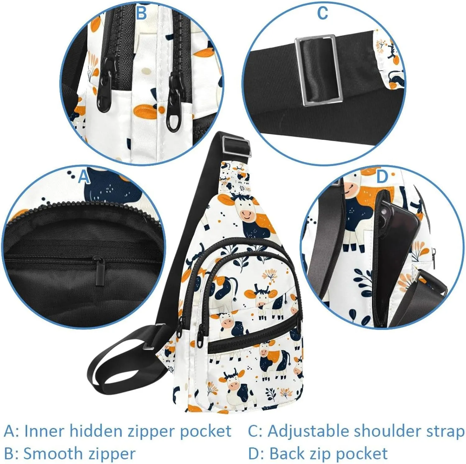 Sling Bag Backpack Crossbody Chest Bag Daypack for Hiking Travel(Funny Cute Cows)