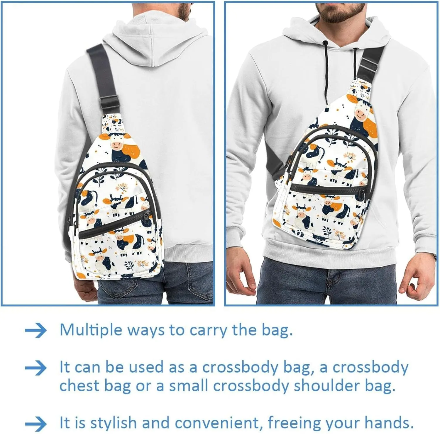 Sling Bag Backpack Crossbody Chest Bag Daypack for Hiking Travel(Funny Cute Cows)