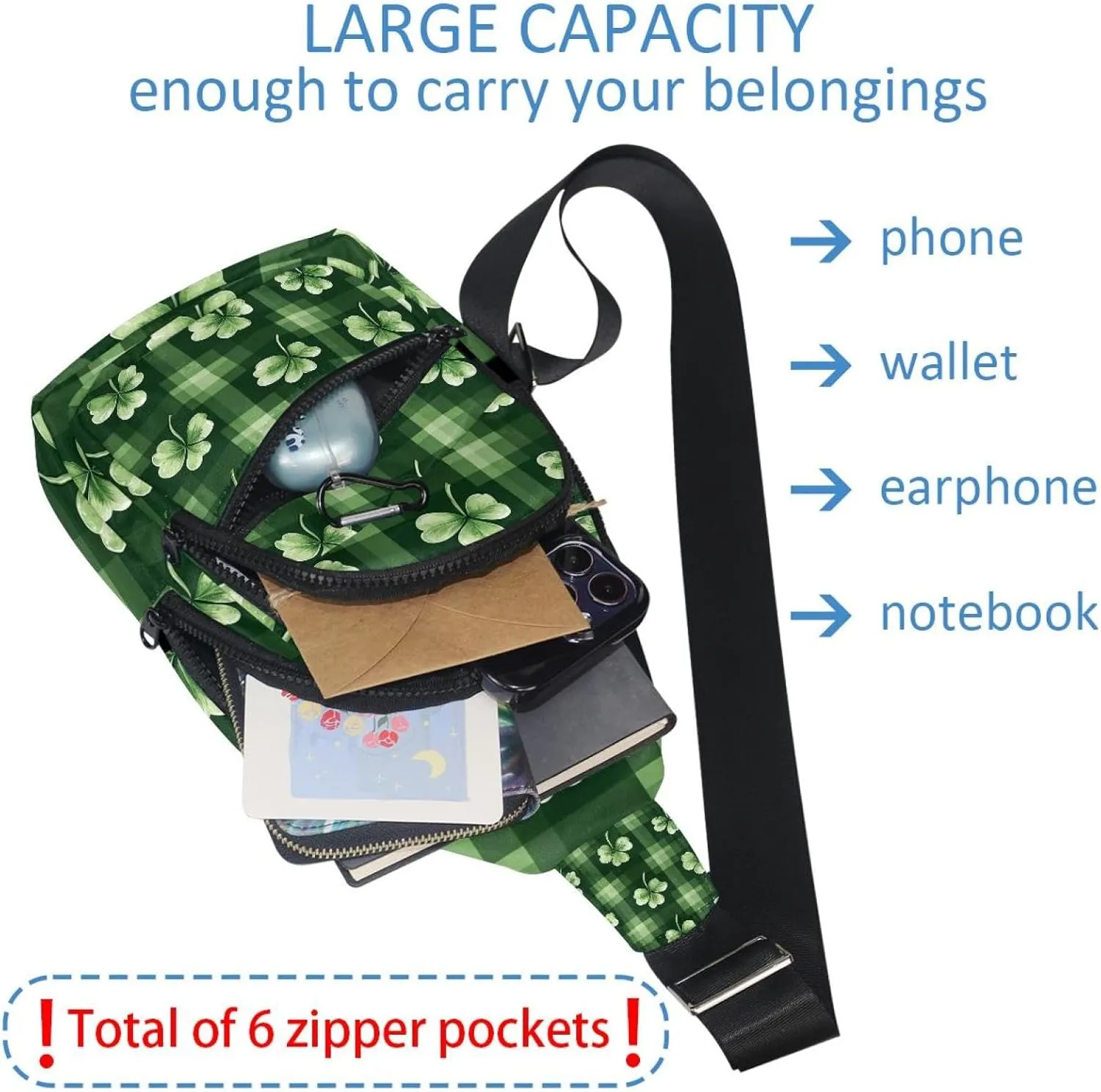 Sling Bag Backpack Crossbody Chest Bag Daypack for Hiking Travel(Saint Patrick's Day Clover Leaf)