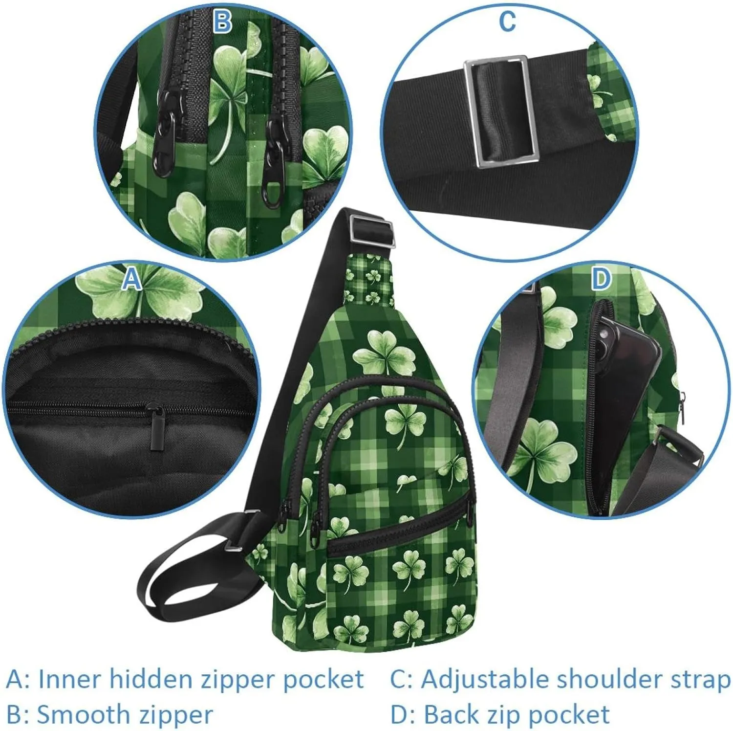Sling Bag Backpack Crossbody Chest Bag Daypack for Hiking Travel(Saint Patrick's Day Clover Leaf)