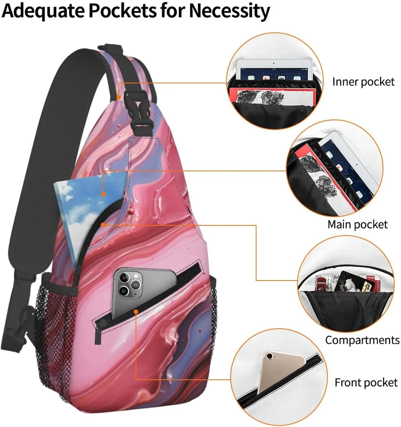 Sling Bag for Women Men Crossbody Bag Sling Backpack Abstract pink marble Cross Body Bag Adjustable Chest Bag