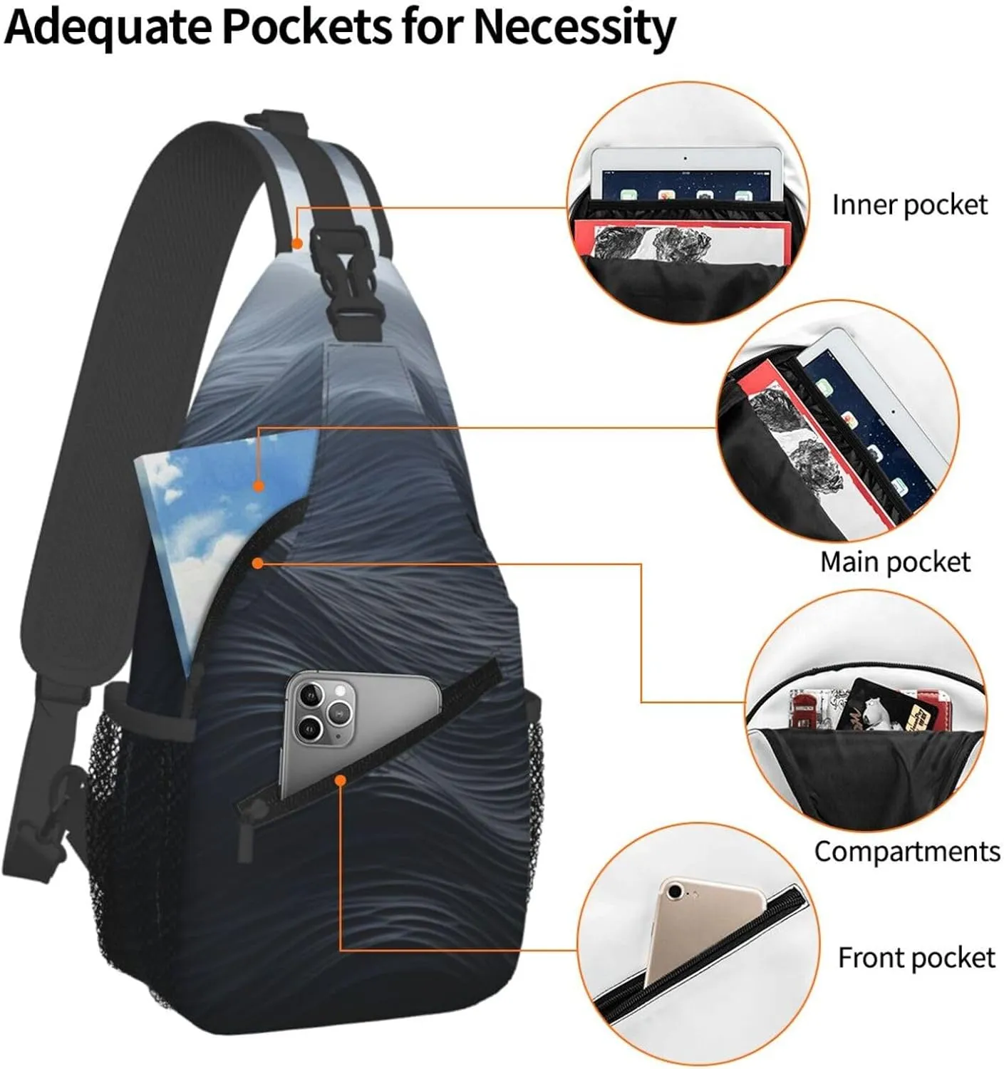 Sling Bag for Women Men Crossbody Bag Sling Backpack Deep black waves Cross Body Bag Adjustable Chest Bag