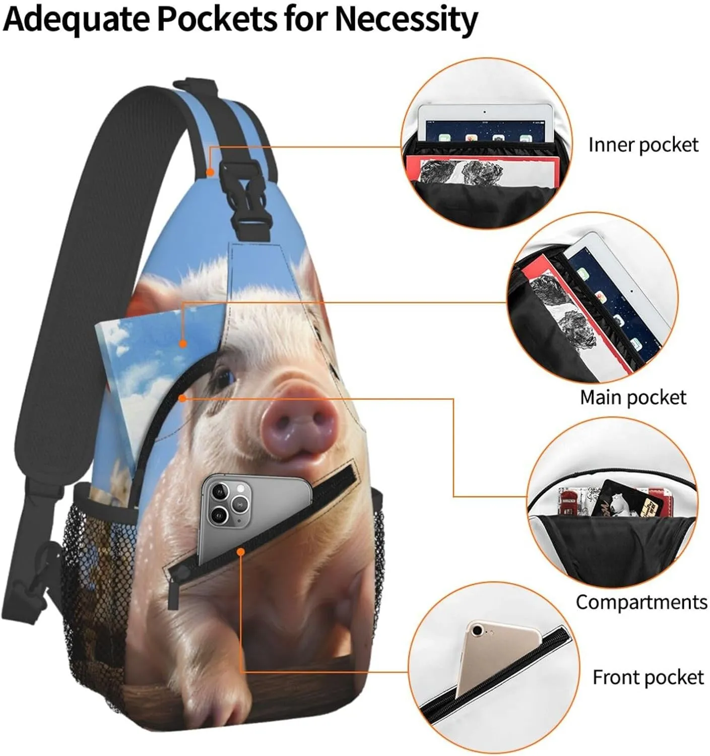 Sling Bag for Women Men Crossbody Bag Sling Backpack Funny Cute Pig Cross Body Bag Adjustable Chest Bag
