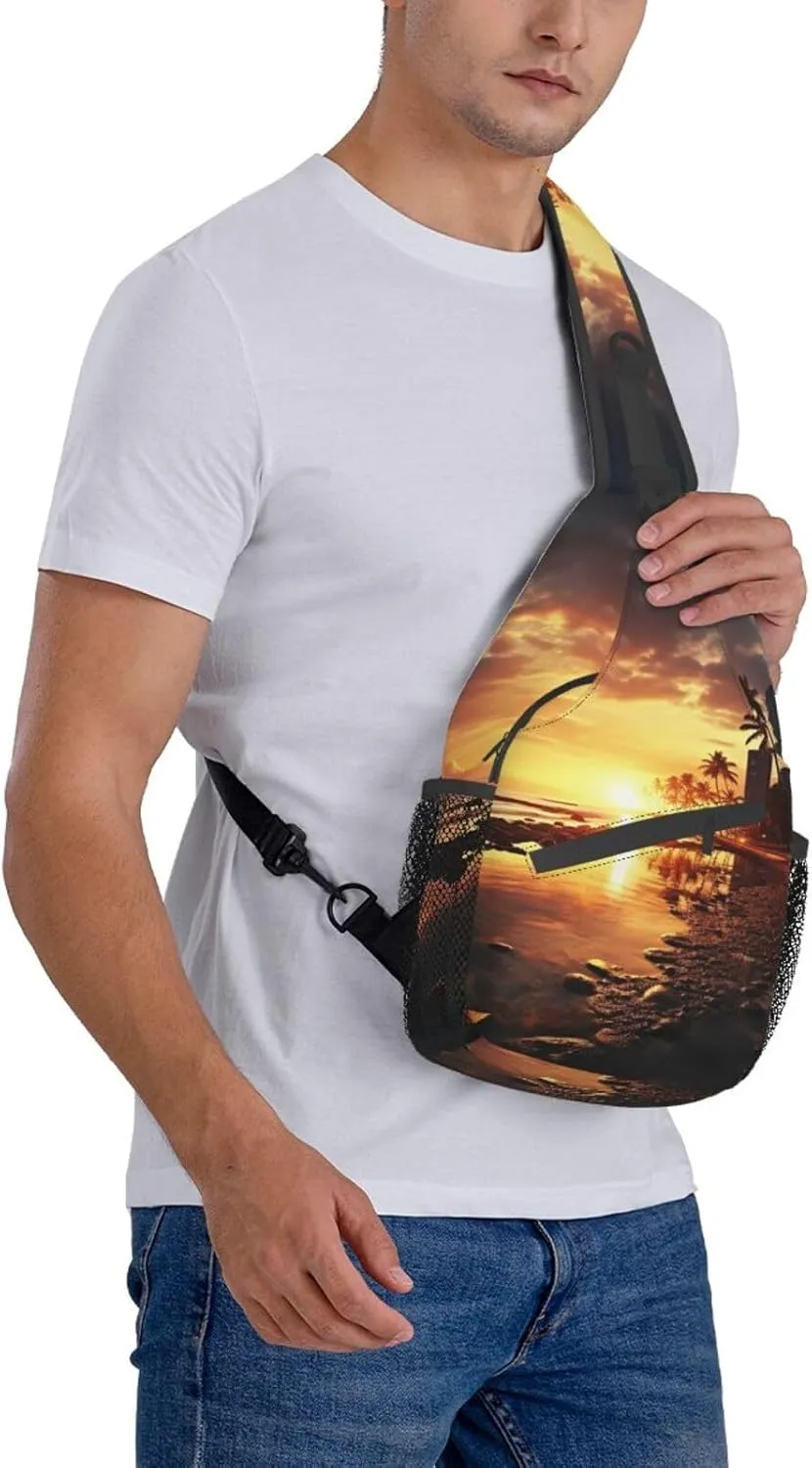 Sling Bag for Women Men Shoulder Bag Beautiful City Night View Chest Bag Travel Fanny Pack Lightweight Casual Daypack, Sunset Time, One Size
