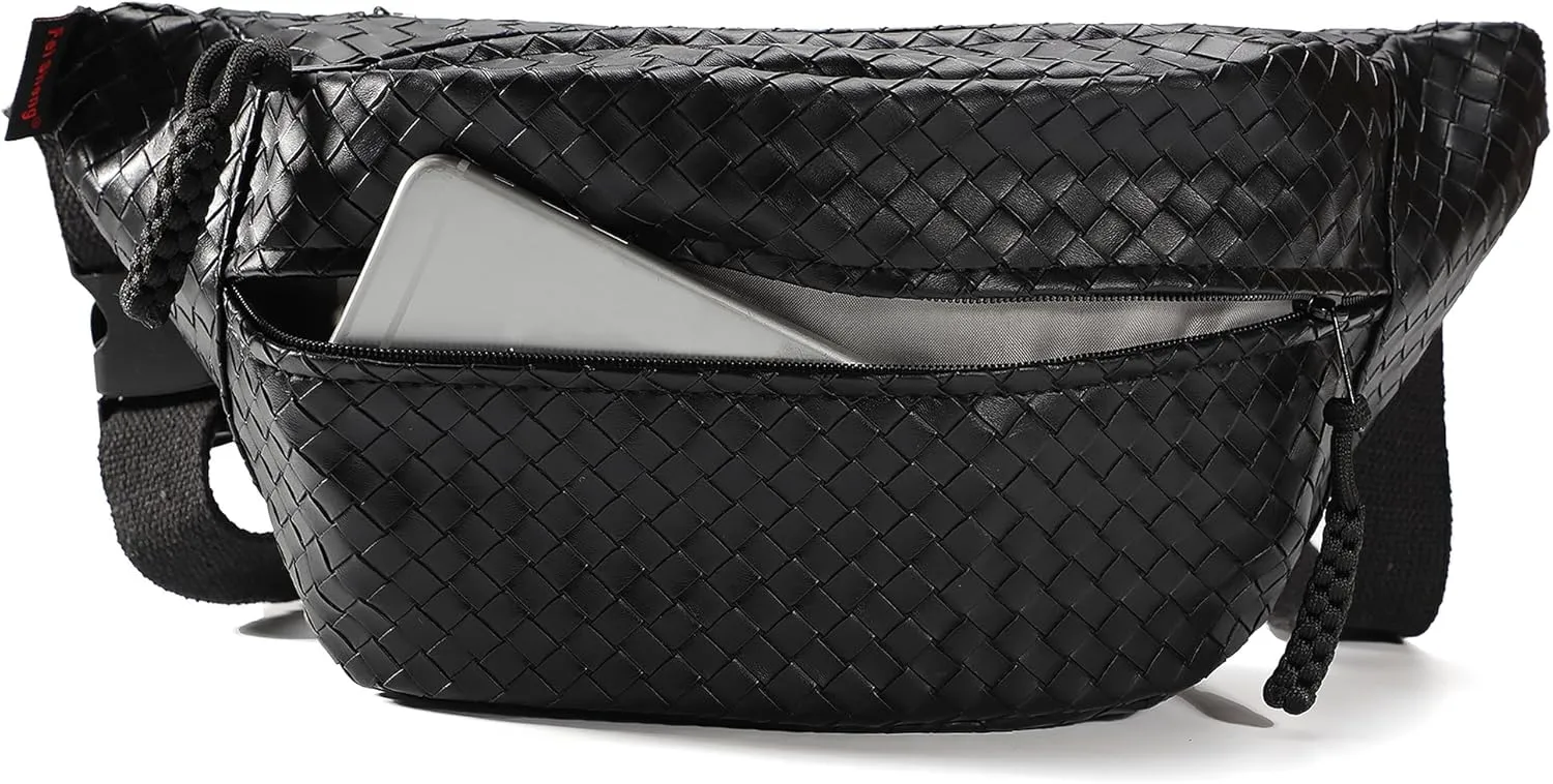 Sling Bag for Women Men,Woven Leather Fashionable Fanny Pack Crossbody Bags with Adjustable Shoulder Strap Chest Packs for Travel Cycling Work Sport Hiking Gym,Large-Black