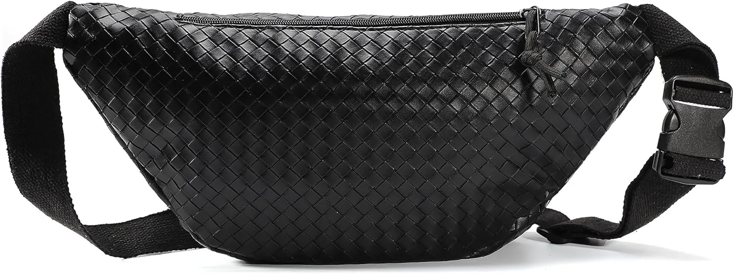Sling Bag for Women Men,Woven Leather Fashionable Fanny Pack Crossbody Bags with Adjustable Shoulder Strap Chest Packs for Travel Cycling Work Sport Hiking Gym,Large-Black
