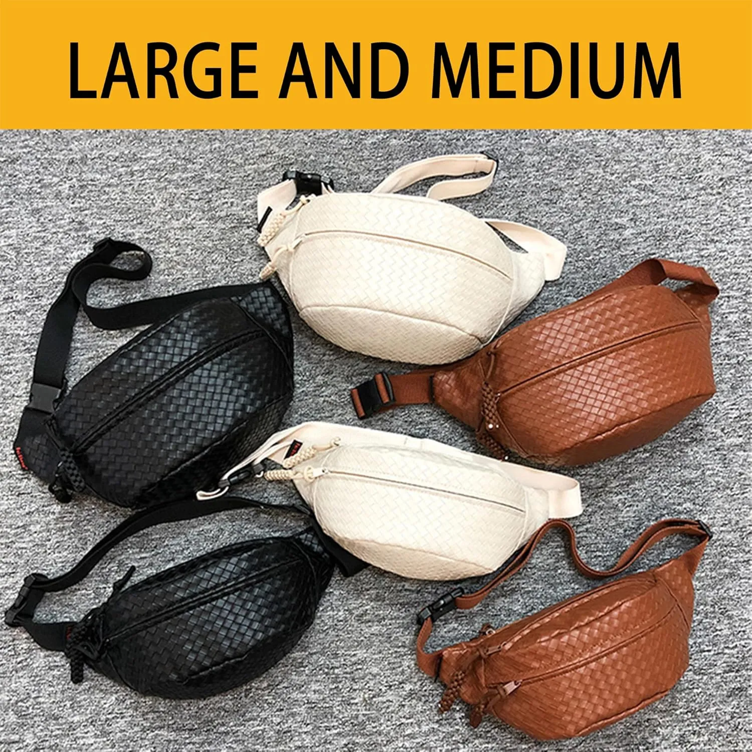 Sling Bag for Women Men,Woven Leather Fashionable Fanny Pack Crossbody Bags with Adjustable Shoulder Strap Chest Packs for Travel Cycling Work Sport Hiking Gym,Large-Black