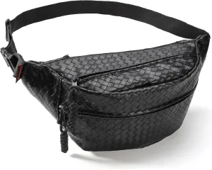 Sling Bag for Women Men,Woven Leather Fashionable Fanny Pack Crossbody Bags with Adjustable Shoulder Strap Chest Packs for Travel Cycling Work Sport Hiking Gym,Large-Black