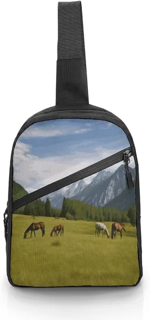 Sling Bag Multipurpose Chest Bag Crossbody Mountain Pasture Grazing Horses Printing Sling Backpack for Outdoors Hiking Traveling