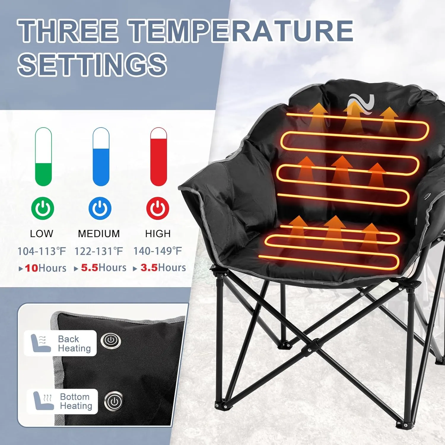 Slsy Heated Camping Chair Oversized, Outdoor Portable Heated Folding Chairs, Heated Foldable Chair Seat Supports 500 lbs, Heating Chair for Outdoor Sports, Camping, Patio, and Picnics