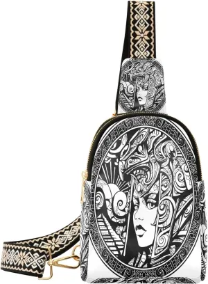 Small Crossbody Sling Bags for Women Egyptian Woman Helmet Leather Crossbody Fanny Packs Purses Deity Chest Bag Daypack Crossbody Backpack for Travel Sports Running Hiking