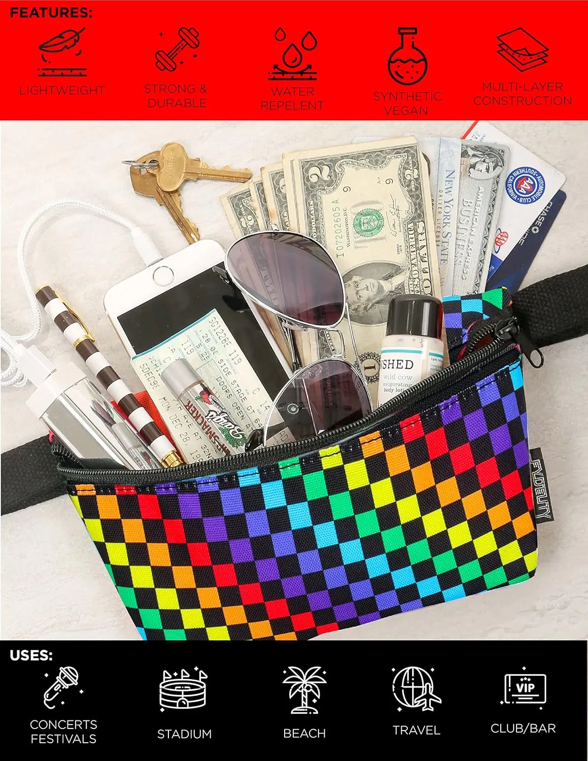 Small Fanny Pack - Unisex Bum Bag, Crossbody & Belt Bag for Women - 80s/90s Slim, Festivals, Travel & Daily Use - Rainbow, Black