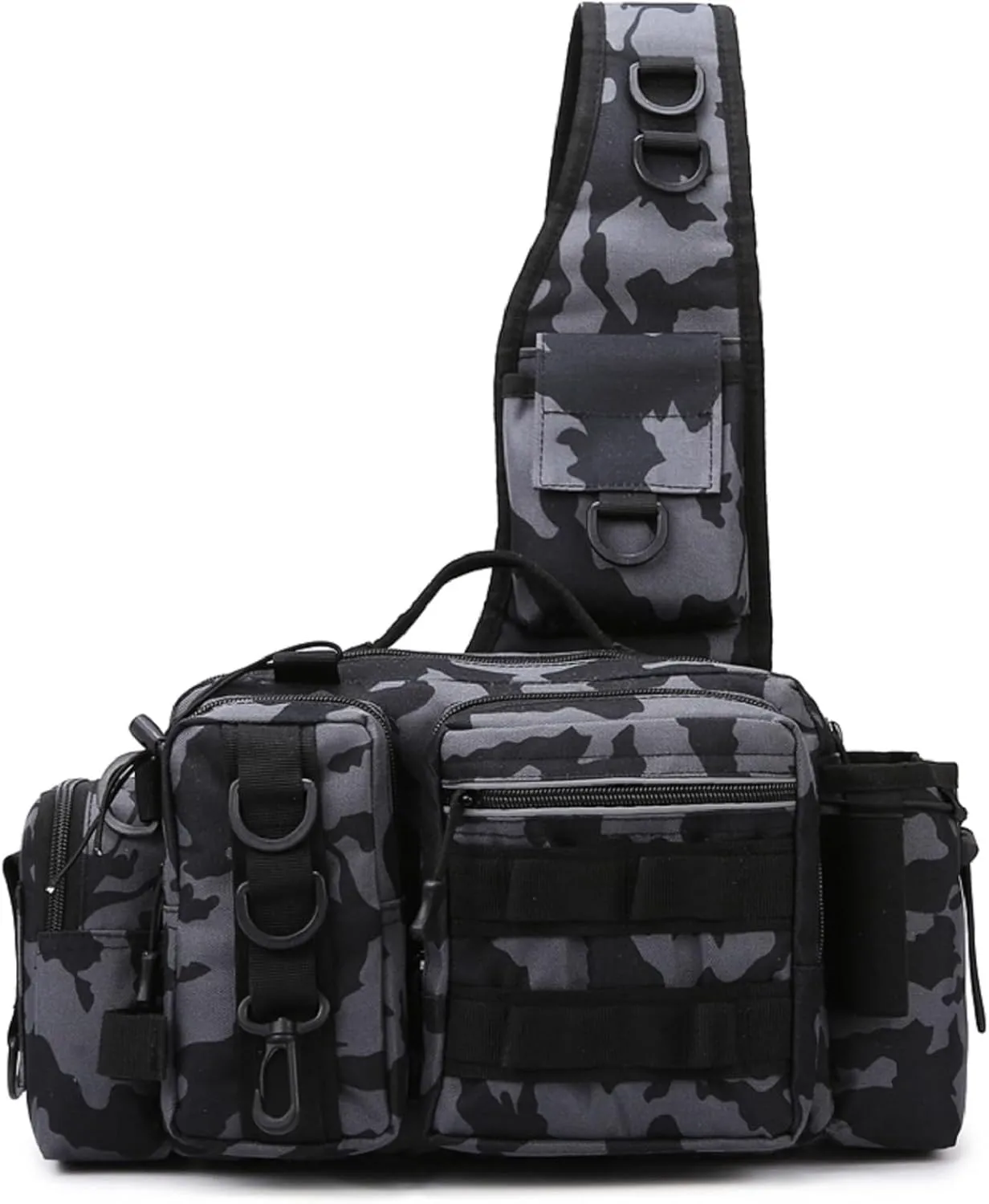 Small Fly Fishing Sling Bag for Men Fishing Tackle Bag with Rod Holder Waterproof Tackle Shoulder Pack for Outdoor Camping Climbing (Black Camo)