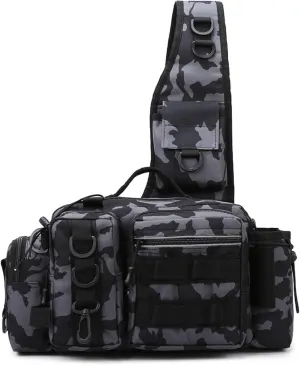 Small Fly Fishing Sling Bag for Men Fishing Tackle Bag with Rod Holder Waterproof Tackle Shoulder Pack for Outdoor Camping Climbing (Black Camo)
