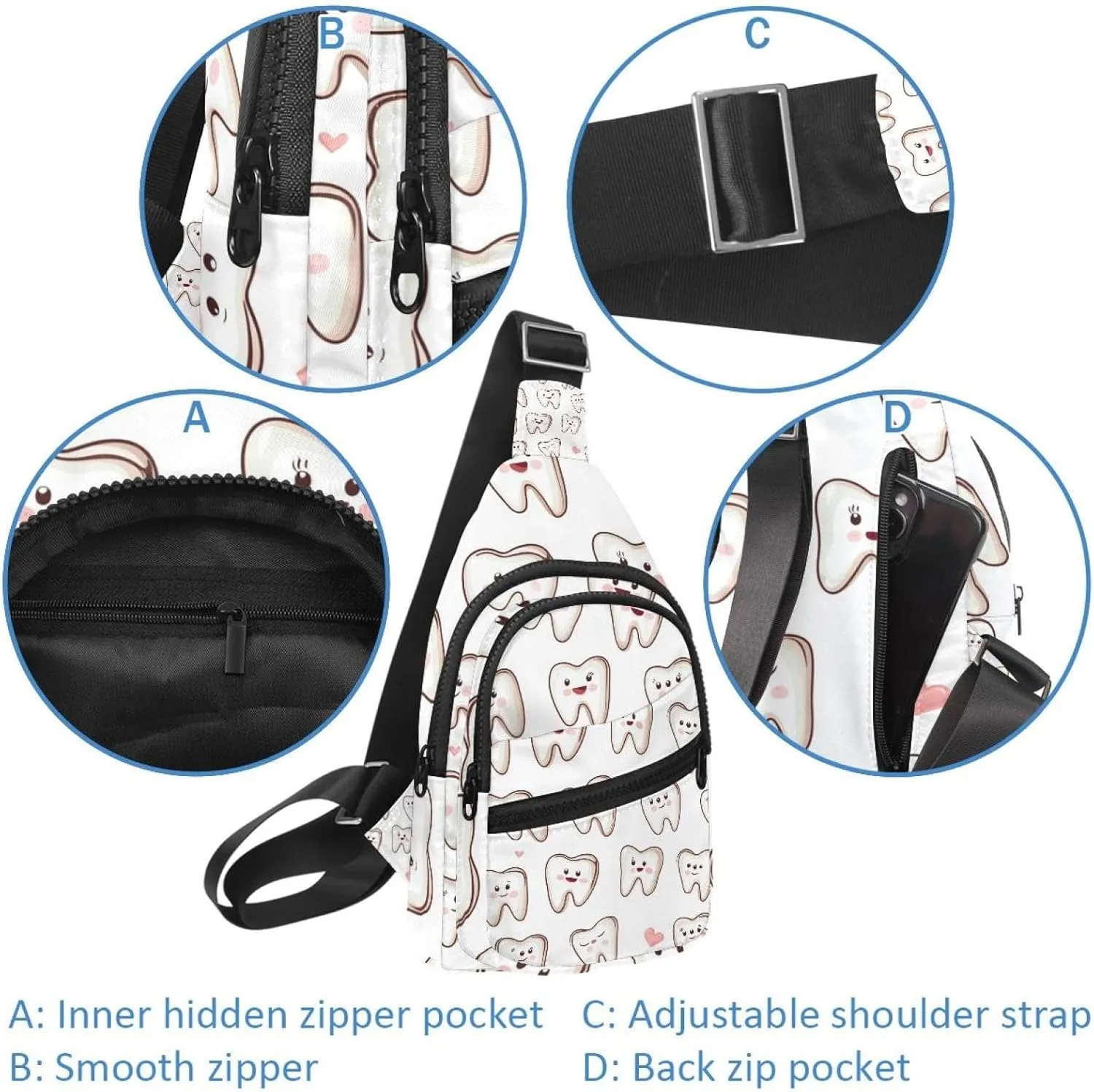 Small Sling Backpack Crossbody Sling Bag, Chest Bag Daypack, Cartoon Teeth (4)