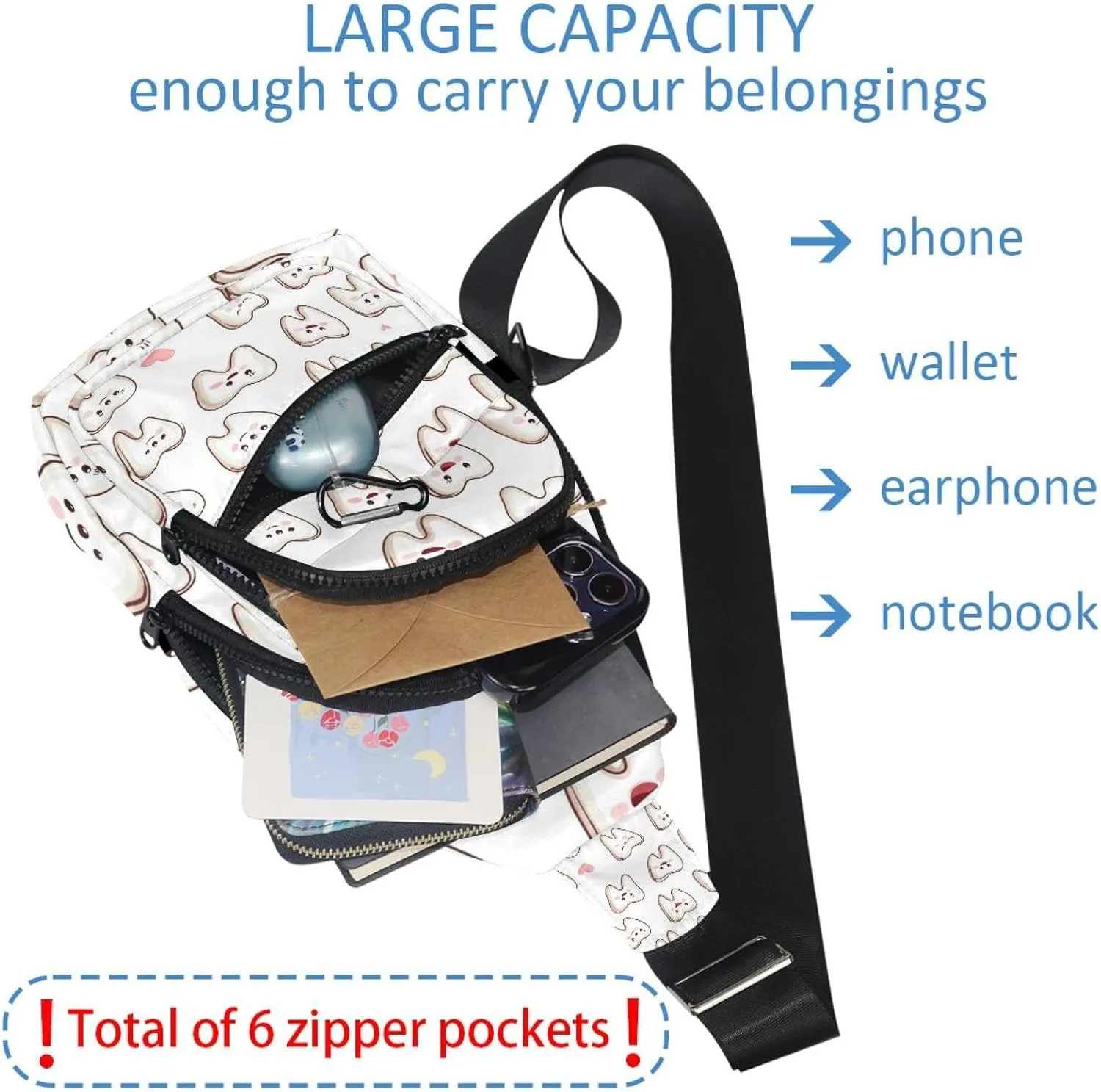 Small Sling Backpack Crossbody Sling Bag, Chest Bag Daypack, Cartoon Teeth (4)
