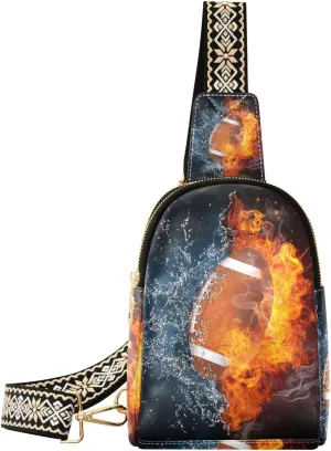 Small Sling Bag American Football Fireball Crossbody Bag PU Leather Sling Purse for Women