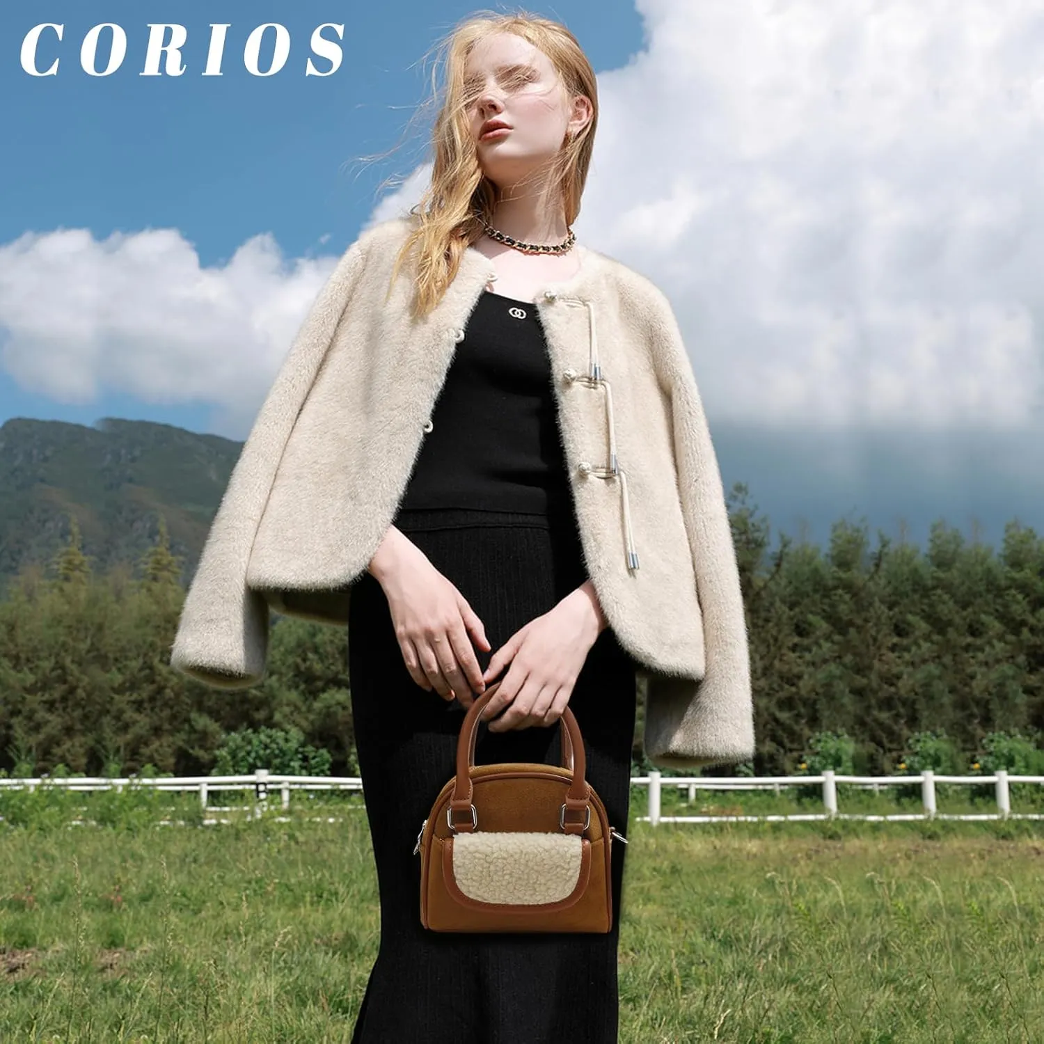Small Velvet Handbag for Women - Lamb Wool Shoulder Tote, Soft Plush Vintage Crossbody, Fluffy Messenger