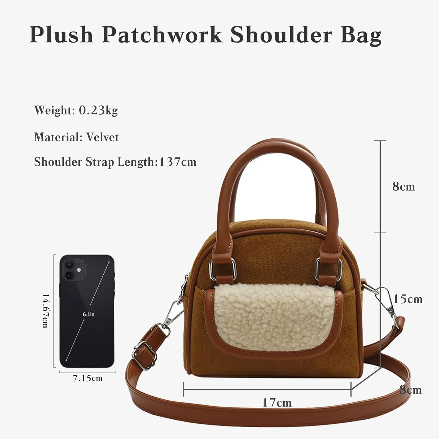 Small Velvet Handbag for Women - Lamb Wool Shoulder Tote, Soft Plush Vintage Crossbody, Fluffy Messenger