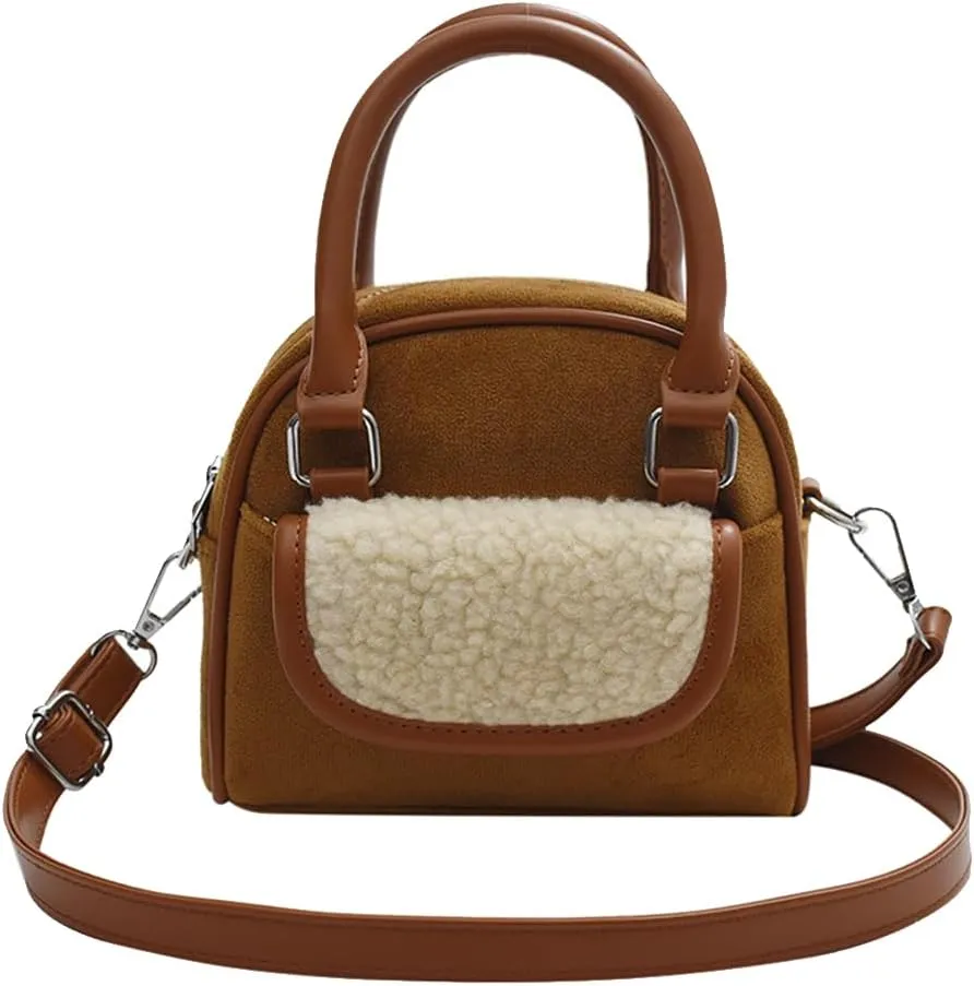 Small Velvet Handbag for Women - Lamb Wool Shoulder Tote, Soft Plush Vintage Crossbody, Fluffy Messenger