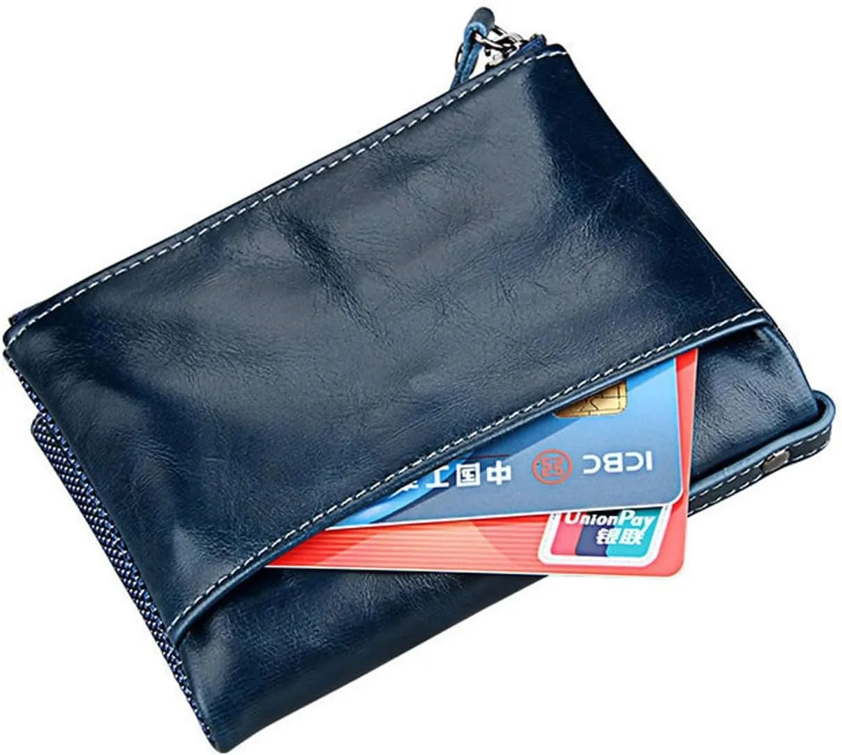small wallet for women Leather Bifold Compact Card Holder Zipper Pocket Wallet RFID Blocking Card Case Purse with ID Window(blue)