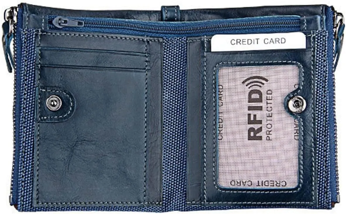 small wallet for women Leather Bifold Compact Card Holder Zipper Pocket Wallet RFID Blocking Card Case Purse with ID Window(blue)