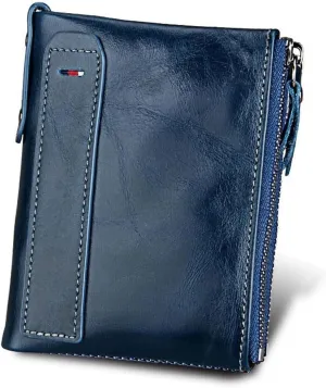small wallet for women Leather Bifold Compact Card Holder Zipper Pocket Wallet RFID Blocking Card Case Purse with ID Window(blue)