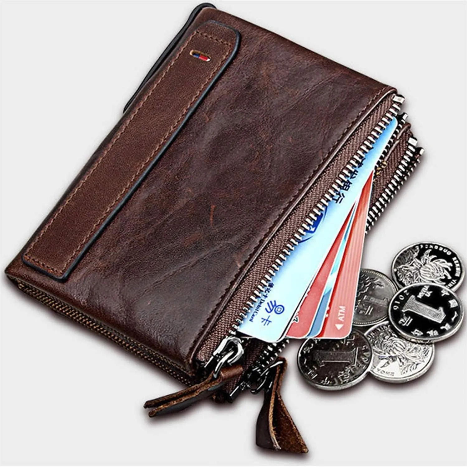 small wallet for women Leather Bifold Compact Card Holder Zipper Pocket Wallet RFID Blocking Card Case Purse with ID Window(coffee)