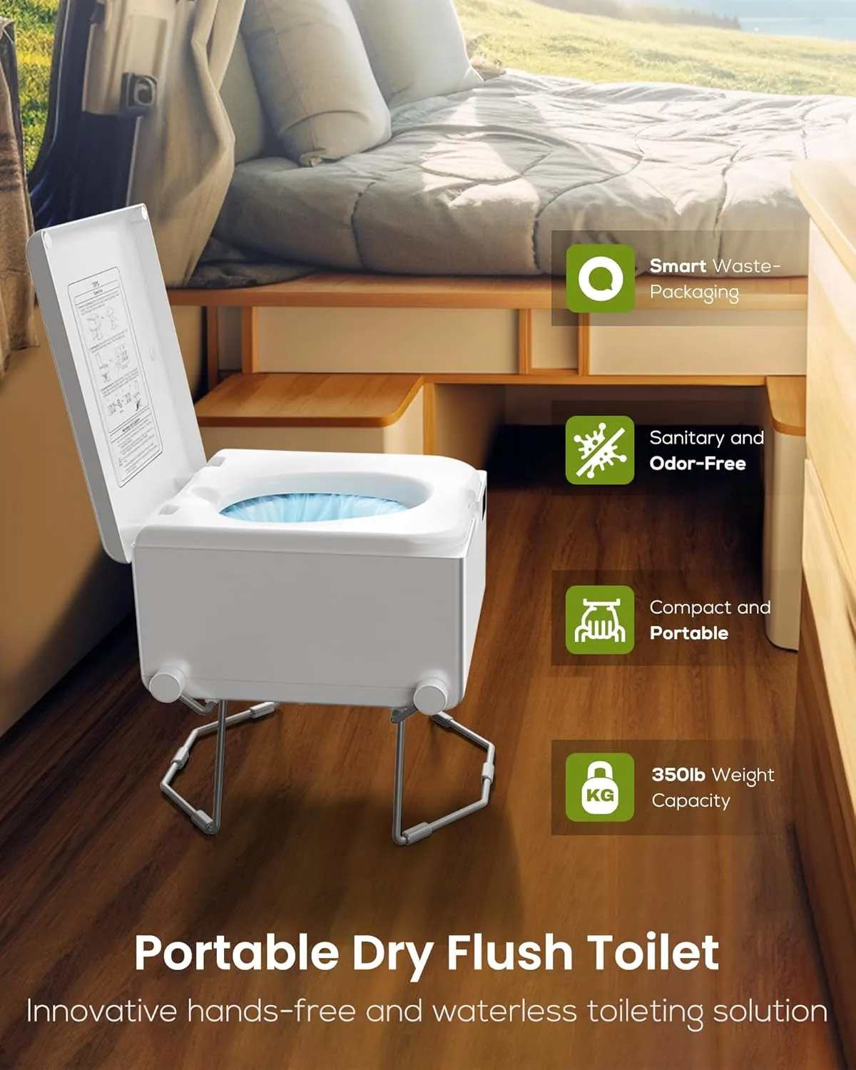 Smart Dry Flush Toilet [Odorless, One-click Automatic Waste Disposal, Self Contained] Portable Waterless Toilet for RV, Car Travel, Vans, Boats, Tiny Homes, Campsite - Loo Seal Series