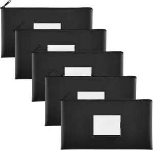 SMARTAKE 5-Pack Bank Deposit Money Bags with Zipper, PU Leather Bags Cash Wallet Pouches with Label, for Coins, Cosmetics, Invoice, Bills, Tools, 11.5 x 6.2 Inches, Black