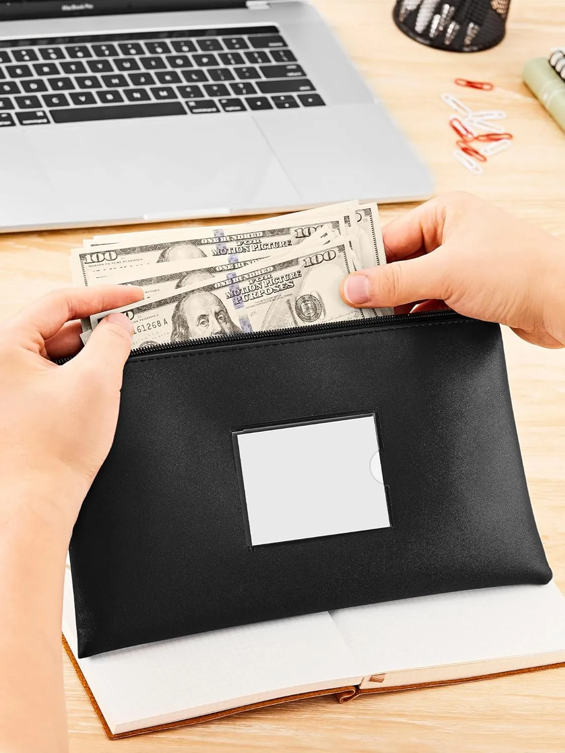 SMARTAKE 5-Pack Bank Deposit Money Bags with Zipper, PU Leather Bags Cash Wallet Pouches with Label, for Coins, Cosmetics, Invoice, Bills, Tools, 11.5 x 6.2 Inches, Black
