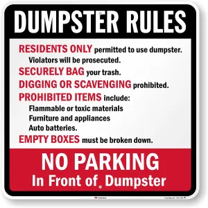 SmartSign 24 x 24 inch “Dumpster Rules - Residents Only, Securely Bag Trash, No Parking In Front” Metal Sign, 80 mil Aluminum, 3M Laminated Engineer Grade Reflective Material, Red, Black and White