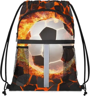 Soccer Fire Drawstring Backpack,Waterproof Sports Gym Bag with Shoes Compartment and Bottle Holder,Travel Tote Bags for Beach,Swimming,Yoga Gifts