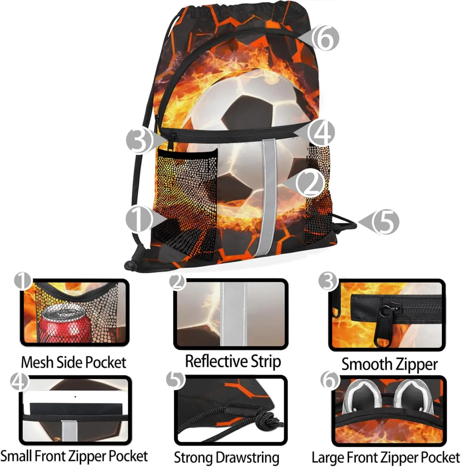 Soccer Fire Drawstring Backpack,Waterproof Sports Gym Bag with Shoes Compartment and Bottle Holder,Travel Tote Bags for Beach,Swimming,Yoga Gifts