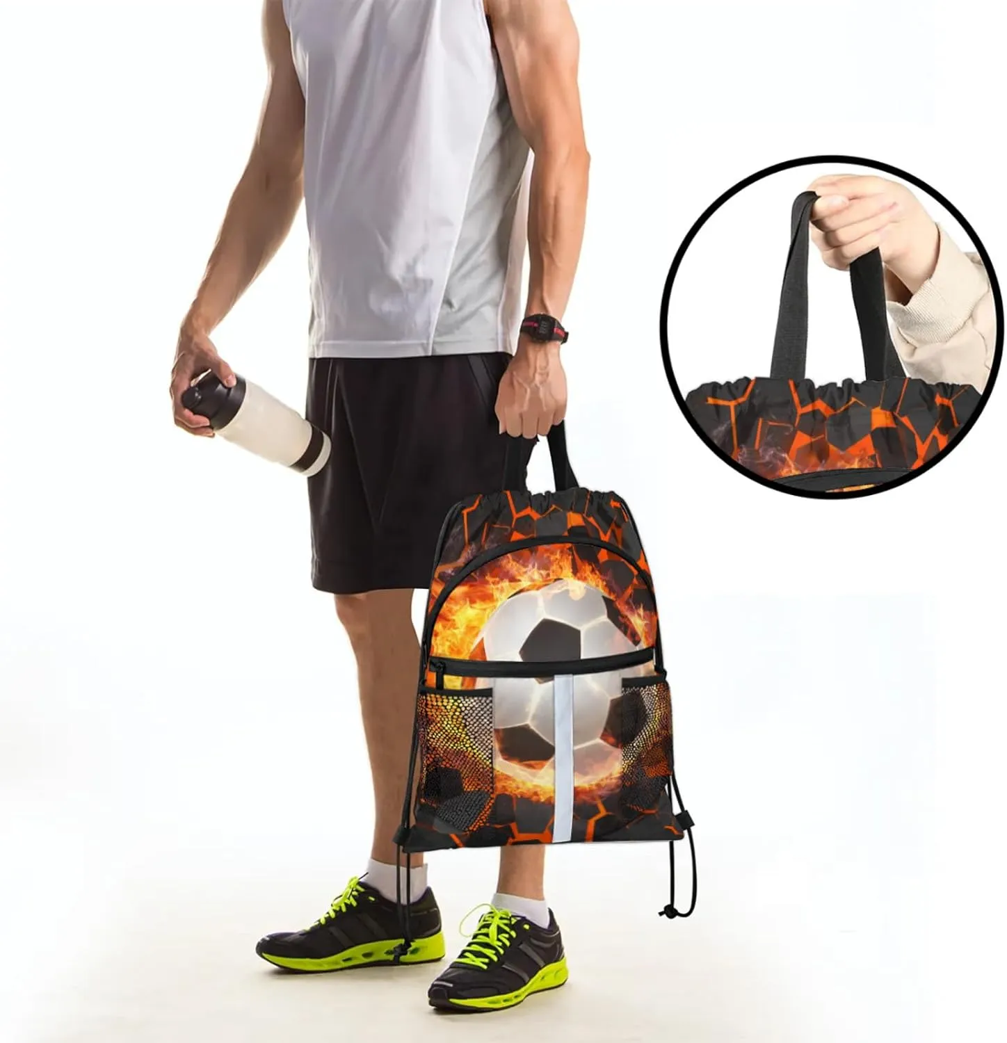 Soccer Fire Drawstring Backpack,Waterproof Sports Gym Bag with Shoes Compartment and Bottle Holder,Travel Tote Bags for Beach,Swimming,Yoga Gifts