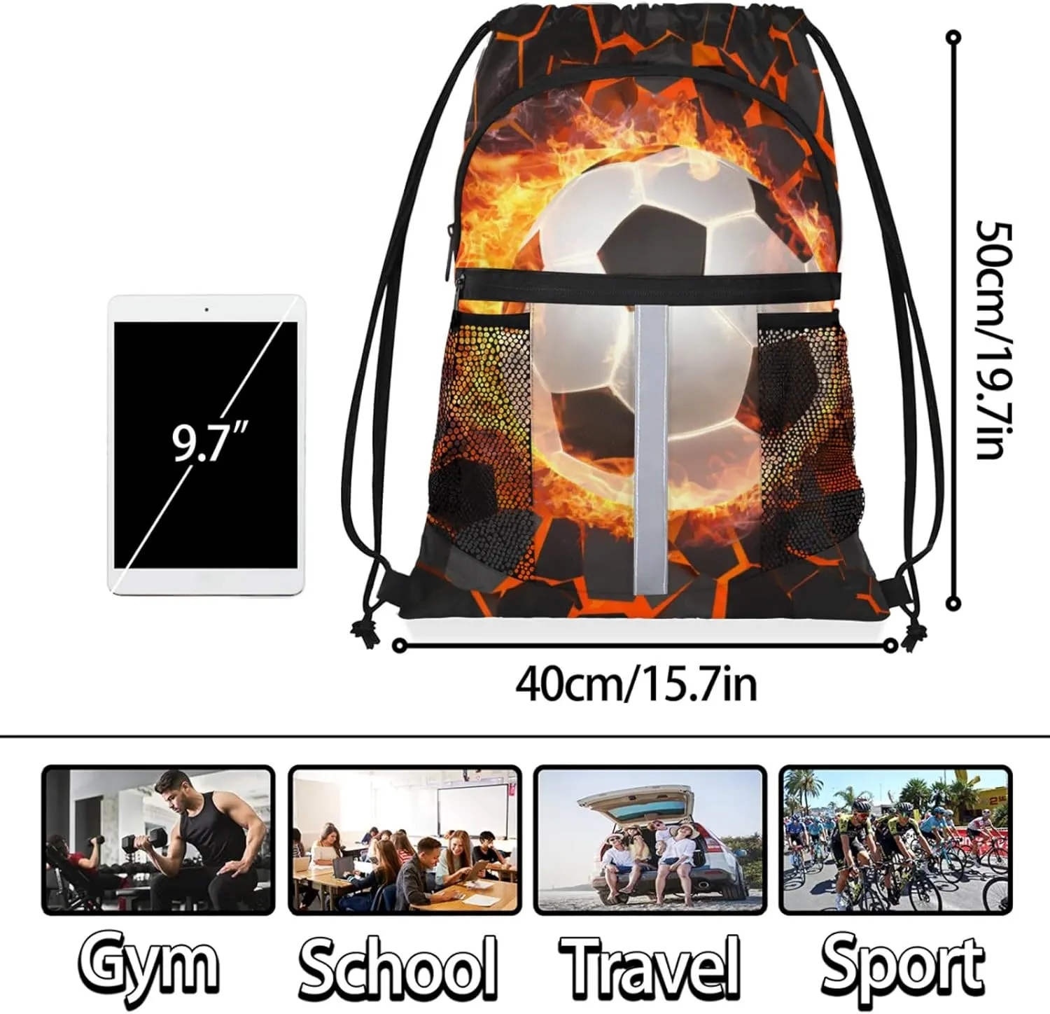 Soccer Fire Drawstring Backpack,Waterproof Sports Gym Bag with Shoes Compartment and Bottle Holder,Travel Tote Bags for Beach,Swimming,Yoga Gifts