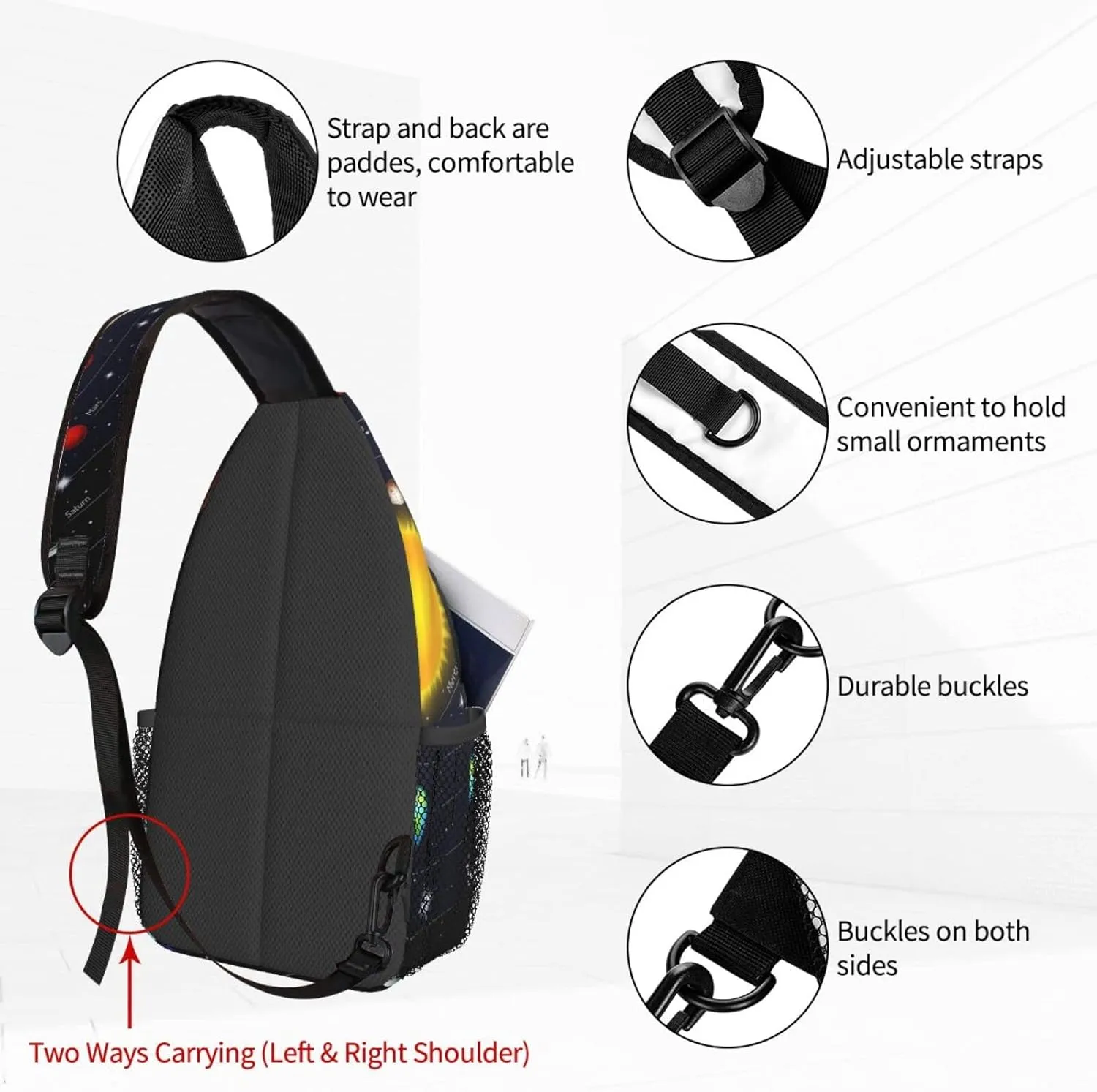 Space Solar System Black Crossbody Bags for Women Trendy Sling Backpack Men Chest Shoulder Bag Gym Cycling Travel Hiking Daypack