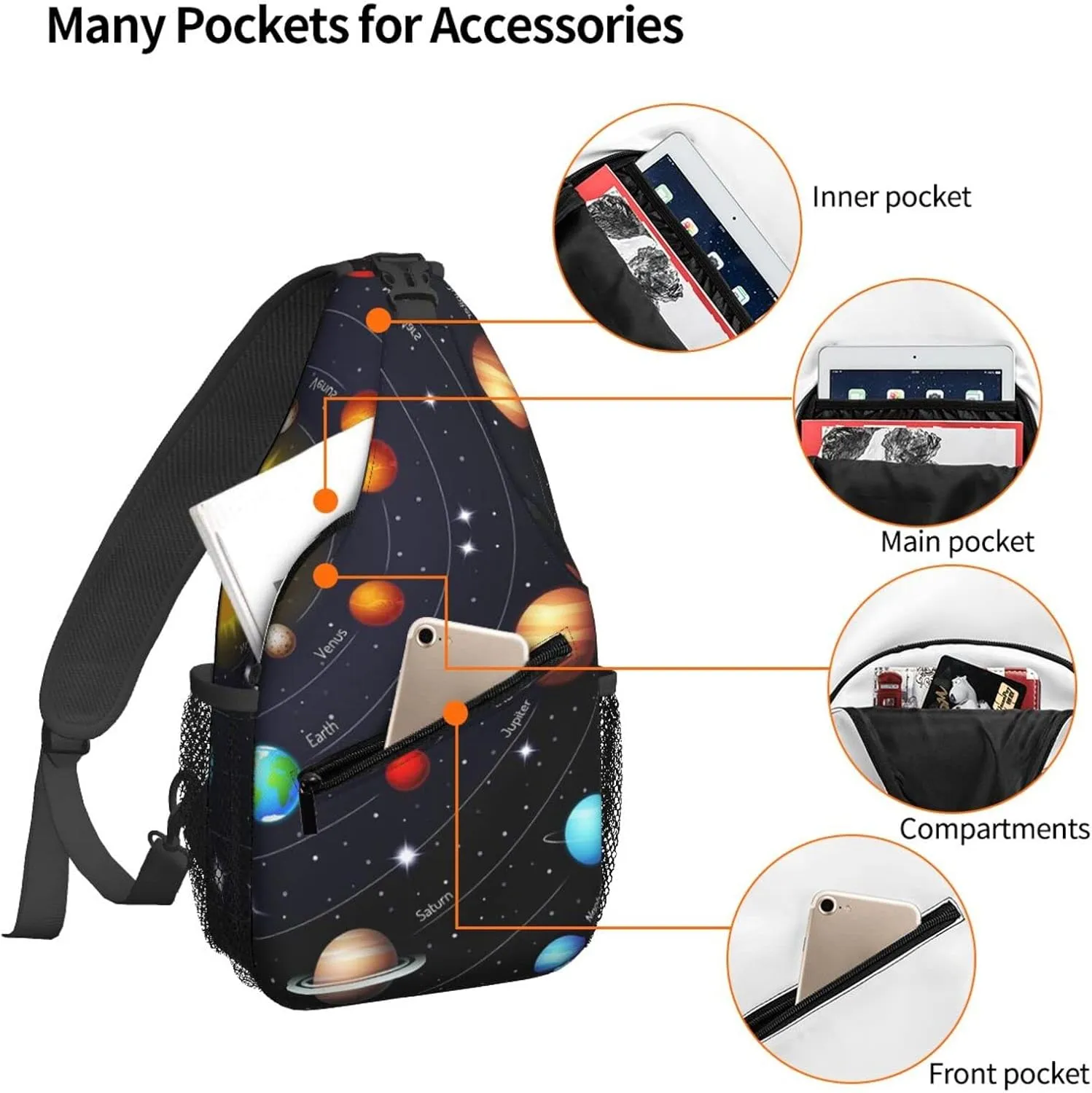 Space Solar System Black Crossbody Bags for Women Trendy Sling Backpack Men Chest Shoulder Bag Gym Cycling Travel Hiking Daypack